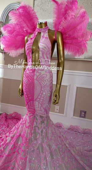 Baby Pink/Hot Pink Mermaid Sequin Gown With Feathers