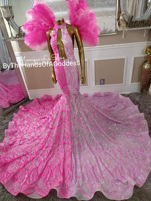Baby Pink/Hot Pink Mermaid Sequin Gown With Feathers
