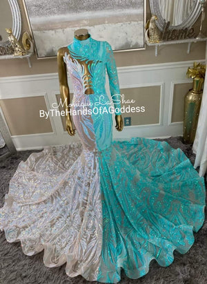 Iridescent/Turquoise Blue Mermaid Sequin Gown